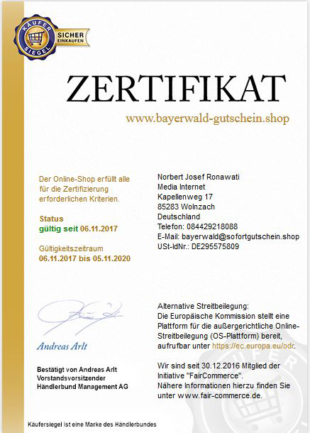 Bayerwald Gutschein Sofort Zertifikat
